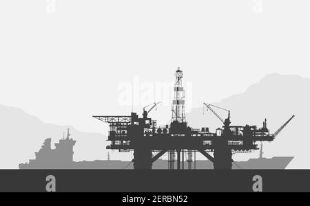 Sea oil drilling rig and tanker. Black and white illustration. Stock Vector