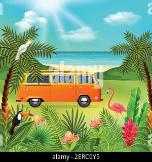 Tropical paradise composition with marine nature landscape and colourful plants with hippie mini van and flowers vector illustration Stock Vector