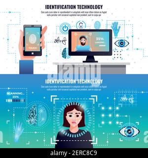 Identification technology 2 infographic elements horizontal banners with face fingerprint signature recognition computer access control vector illustr Stock Vector