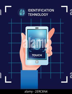 Biometric identification user technologies poster with hand holding smartphone with touchscreen id password fingerprint image vector illustration Stock Vector