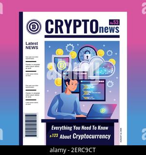 Criptocoins mining trading blockchain network maintaining computer software everything about cryptocurrency crypto news magazine cover vector illustra Stock Vector
