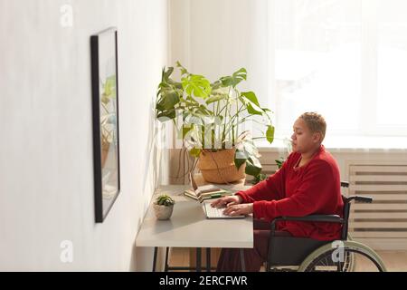 Side view portrait of modern mixed-race woman using wheelchair while working from home at desk lit by sunlight, copy space Stock Photo