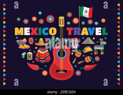 Mexico colorful national traditional symbols composition with guitar flag food masks tequila cactus travel advertisement vector illustration Stock Vector
