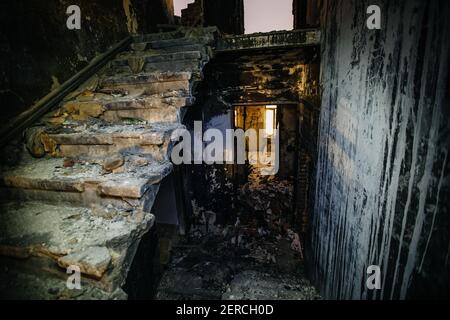Interior of old historical mansion after fire. Stock Photo