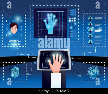 Identification computer technologies schema with integrated touchscreen interface for secure authorized user access blue background vector illustratio Stock Vector