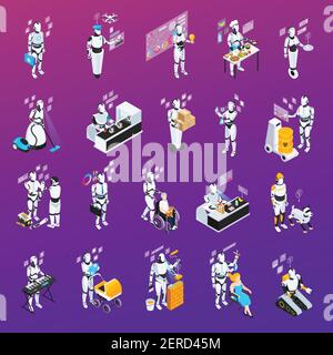 Isolated and isometric robot professions icon set police and home assistant chef baby sitter vector illustration Stock Vector