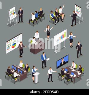 Business coaching isometric icons set with strategy and success symbols isolated vector illustration Stock Vector