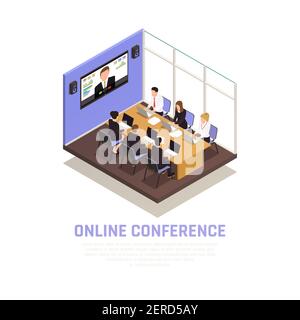 Business online conference isometric concept with communication symbols  vector illustration Stock Vector
