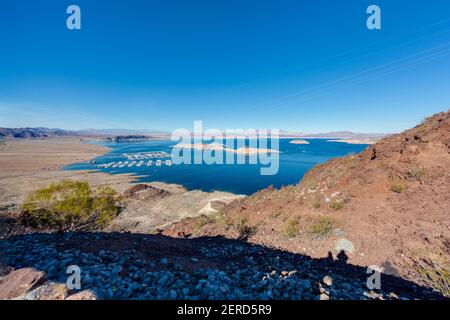 View from Wahweap Overlook to Wahweap harbor on Lake Powell shore Stock Photo