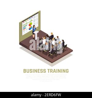 Business coaching isometric concept with lecture and workshop symbols  vector illustration Stock Vector