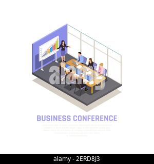 Business coaching isometric concept with business conference symbols  vector illustration Stock Vector