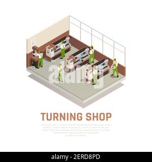 Industrial machinery concept with turning shop symbols isometric vector ...