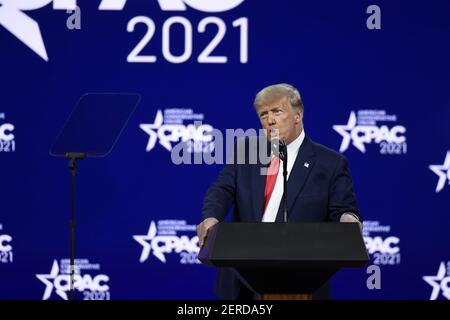Orlando, United States. 28th Feb, 2021. President Donald Trump addresses attendees at the Conservative Political Action Conference (CPAC) 2021 in Orlando, Florida on Sunday, February 28, 2021. Photo by Joe Marino/UPI Credit: UPI/Alamy Live News Stock Photo