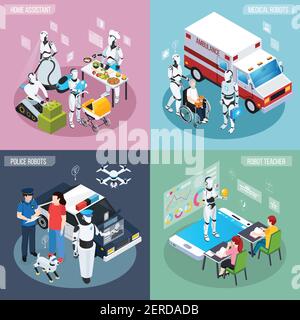 Four robot isometric professions icon set home assistant medical and police robots and teacher descriptions vector illustration Stock Vector