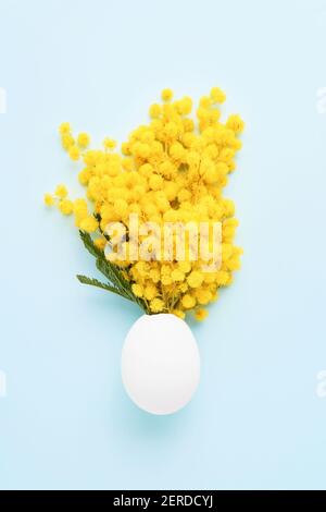Easter concept. Mimosa flowers in white egg on a light blue background. Copy space for text, top view Stock Photo