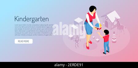 Kindergarten isometric horizontal banner educator and boy during ball game on blue pink gradient background vector illustration Stock Vector