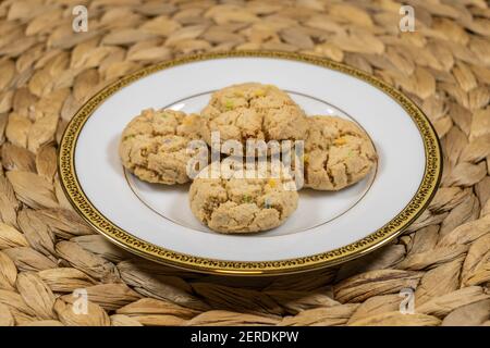 Gluten Free bake shop cookies are crispy and crunchy with chunks of ginger. Baked golden brown and rich with butter, these cookies are deliciously add Stock Photo