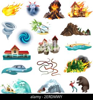 Natural disasters life threatening situation colorful icons collection with tornado forest fire flooding poisonous snakes vector illustration Stock Vector