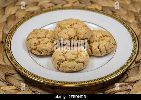 Gluten Free bake shop cookies are crispy and crunchy with chunks of ginger. Baked golden brown and rich with butter, these cookies are deliciously add Stock Photo