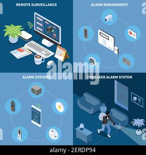 Home security 2x2 design concept set of remote surveillance alarm management laser alarm system square icons isometric vector illustration Stock Vector