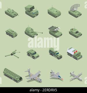 Military vehicles isometric set with tank cannon, rocket launcher jet fighter self propelled howitzer isolated icons vector illustration Stock Vector