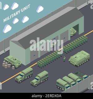 Military unit isometric composition with army trucks infantry fighting ...