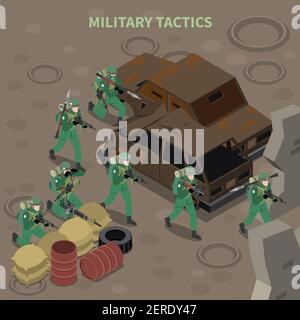 Military tactics isometric composition with armed infantry group going on attack with machine guns vector illustration Stock Vector