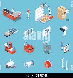 Supermarket of future isometric icons set of scanner for buyers robot unloader anti theft doors electronic price tag isolated vector illustration Stock Vector