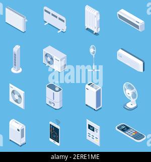 Home climate control isometric icons with floor table and tower fans air conditioner heat curtain electric and oil heaters isolated vector illustratio Stock Vector