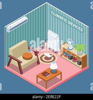 Home climate control isometric composition illustrated living room with furniture and climatic devices vector illustration Stock Vector