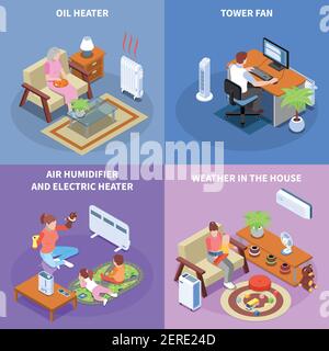 Climate control 2x2 design concept with home equipment used for establishing comfortable weather in house isometric vector illustration Stock Vector