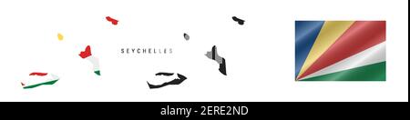 Seychelles. Map with masked flag. Detailed silhouette. Waving flag. Vector illustration isolated on white. Stock Vector
