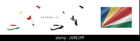 Seychelles. Map with masked flag. Detailed silhouette. Waving flag. Vector illustration isolated on white. Stock Vector