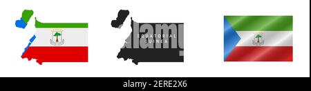 Equatorial Guinea. Map with masked flag. Detailed silhouette. Waving flag. Vector illustration isolated on white. Stock Vector