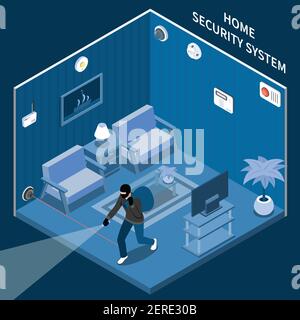 Home security isometric composition with thief in room equipped with laser alarm system and different sensors vector illustration Stock Vector