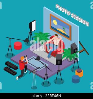 Photo session in studio isometric background with guy of brutal appearance posing for photographer vector illustration Stock Vector