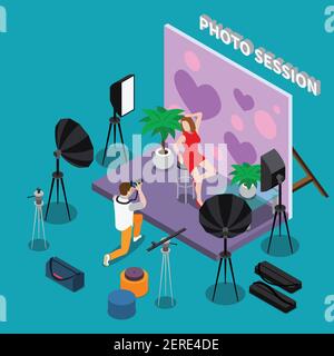 Photo session isometric background with young woman in red dress posing for photographer in studio vector illustration Stock Vector