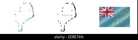 Tuvalu. Map with masked flag. Detailed silhouette. Waving flag. Vector illustration isolated on white. Stock Vector