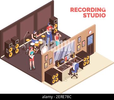 Band playing musical instruments and singing in recording studio 3d isometric vector illustration Stock Vector