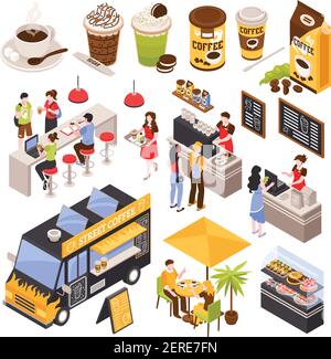 Isometric coffee house barista set with isolated human characters bar counter with seats menu and cups vector illustration Stock Vector