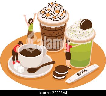 Isometric coffee house barista conceptual composition with cups of coffee and desserts with small people characters vector illustration Stock Vector