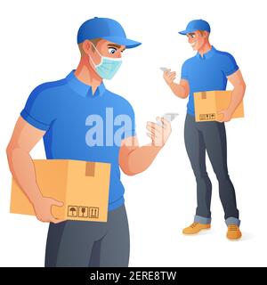 Courier delivery service man in face mask holding box checking his phone. Vector illustration. Stock Vector