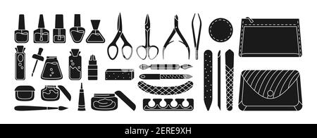 Manicure equipment black glyph set. Polishing nails, polish, file, tweezers, hand cream, scissors, oil, nippers brush. Manicure silhouette tools design elements beauty and Spa concept trendy vector Stock Vector