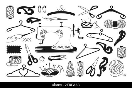Sewing tools monochrome set, thread and scissors, yarn, needle bar, pin  needle. Sewing accessories for hobby. Dressmaking needlework stitch  fancywork, machine embroidery. Vector illustration Stock Vector Image & Art  - Alamy