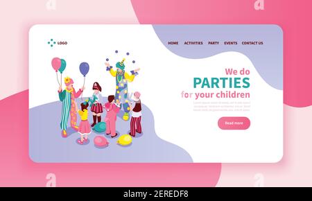 Isometric kids animator color website page design composition with clickable buttons links and images of entertainers vector illustration Stock Vector