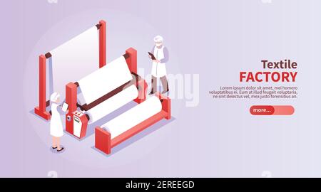 Isometric horizontal banner with textile factory workers and equipment ...