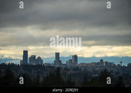 Seattle skyline view on cloudy winter day. Stock Photo