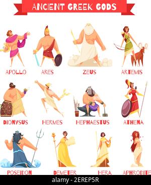 Ancient greek gods 12 strip cartoon figures set with zeus poseidon hera hermes athena isolated vector illustration Stock Vector