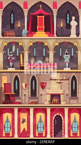 Medieval castle interior 4 flat banners set with dining hall ballroom throne room chambers isolated vector illustration Stock Vector