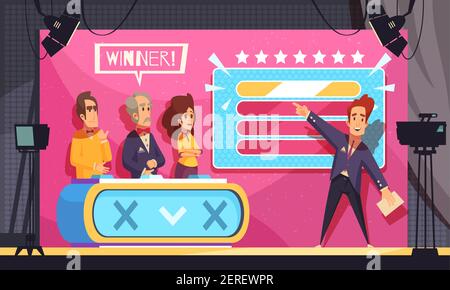 Popular tv guess word game show final moment cartoon composition with contestants winner vector illustration Stock Vector Image Art - Alamy